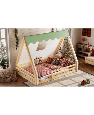 Full Size House Floor Bed with Tent and Light, Solid Wood Teepee Design
