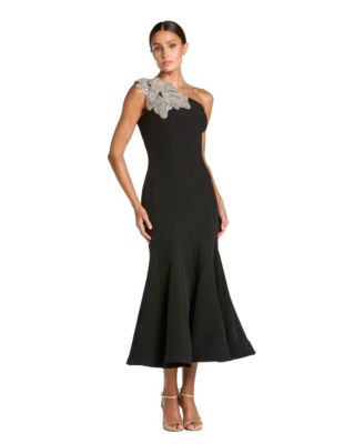 Petite Crepe One Shoulder Mermaid Midi Dress With Flower