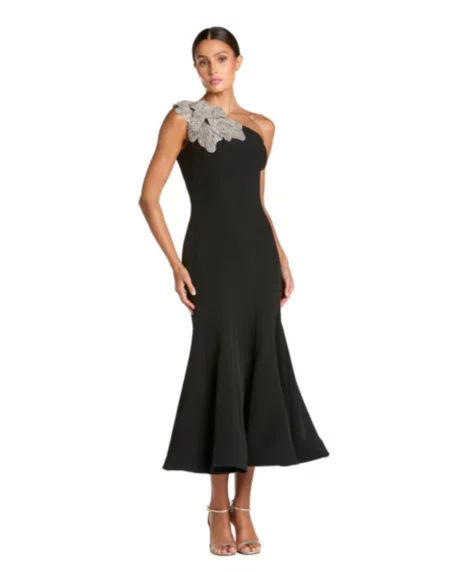 Petite Crepe One Shoulder Mermaid Midi Dress With Flower - Black