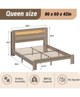 Queen Wood Bed Frame- LED Headboard, USB Ports, Storage