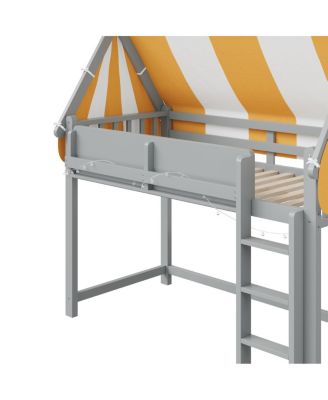 Full Size Loft Bed with Canopy, LED Lights & Book Shelf