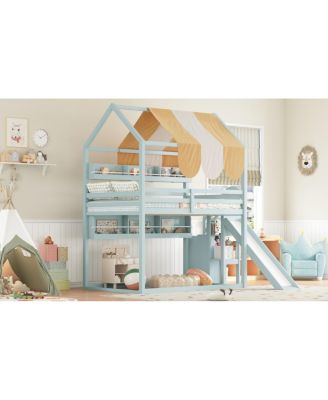 Full Size house Bed with Canopy, Slide & Built-In Bookshelves