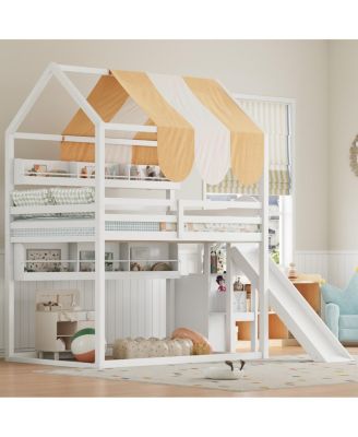 Full Size house Bed with Canopy, Slide & Built-In Bookshelves