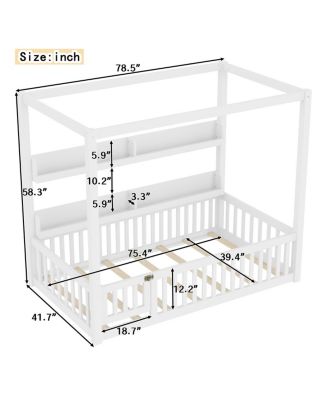 Twin Size Solid Wood Canopy Floor Bed with Guardrails & Shelves - White