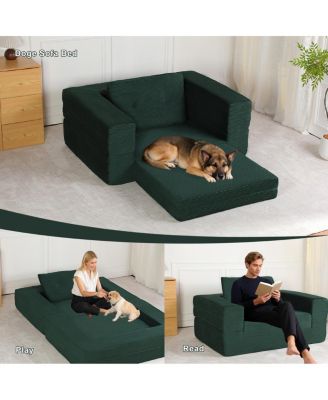  Compression Human Dog Sofa Bed for Adult & Pets, Modern Floor Couch with Pillow, Dark Green