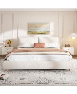 King Size White Boucle Upholstered Platform Bed with Removable Pillow Headboard