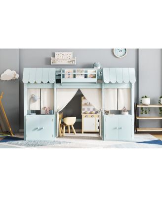 Streamdale Twin Loft Bed with Bookshelf, Curtain, Storage, Playful Design, Blue