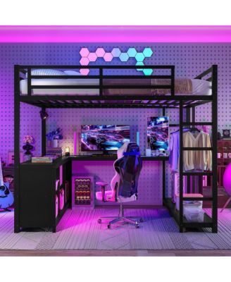 Metal Loft Bed with Wardrobe & L-shaped Desk, Queen Size