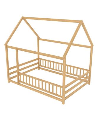 Full Size Floor Wooden Bed with House Roof Frame, Fence Guardrails