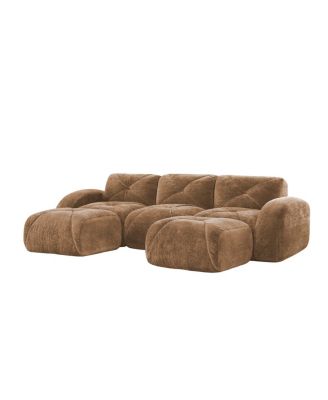 Camel U-Shaped Boneless Sofa with Tufted Design and Movable Ottomans