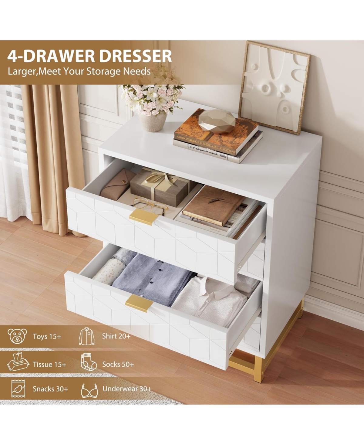 gaomon 4-Drawer Bedroom Dresser, Modern Wood Storage Chest with Metal Legs and Wide Drawers for Living Room or Hallway