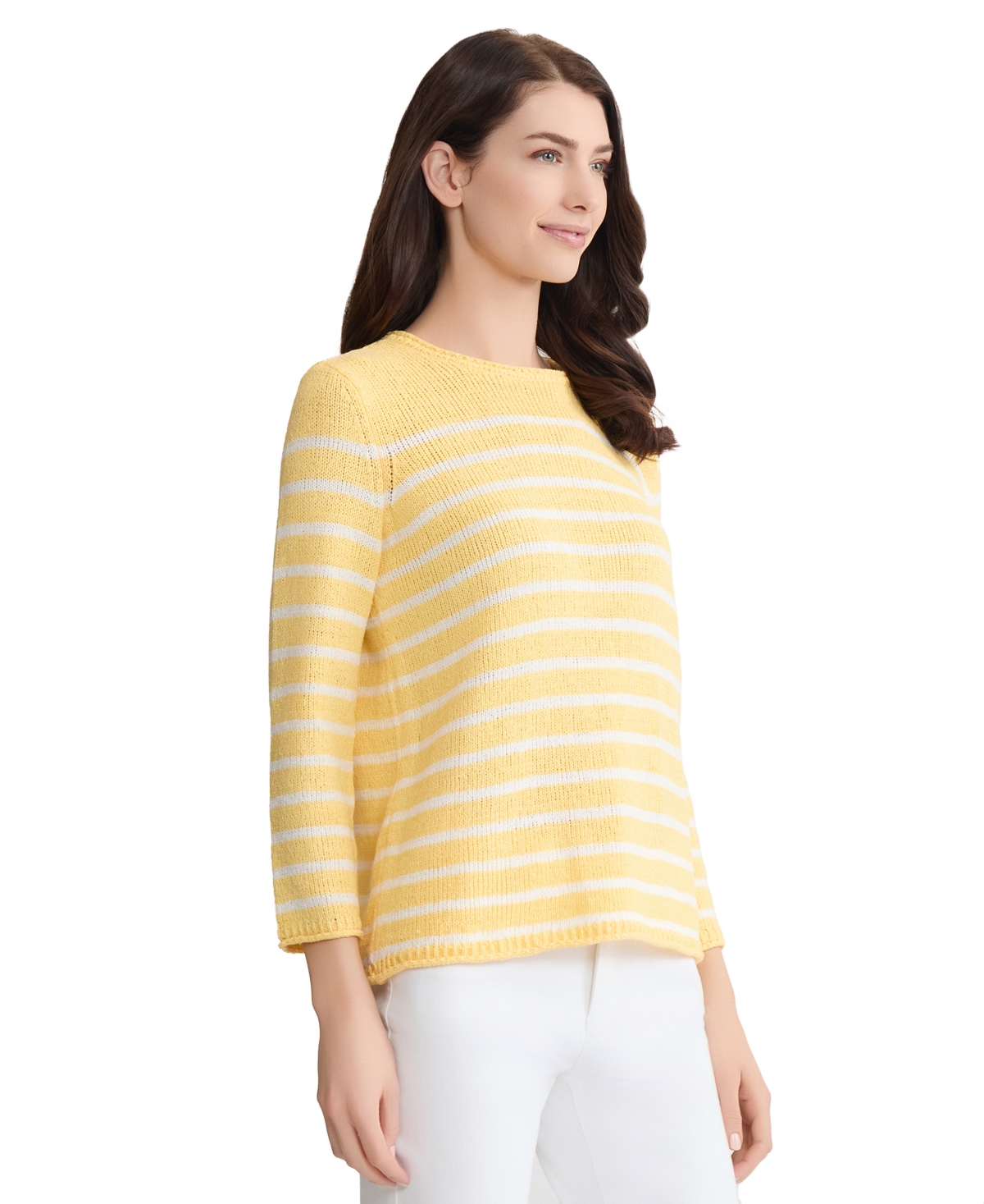 Jones New York Petite Striped Open Crewneck Sweater