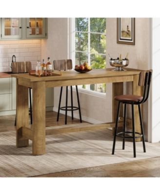 63-Inch Long Bar Table, Counter Height Pub Table with Footrest & Unique Curved Legs, Farmhouse Rectangular High Top Home Coffee Bar Unit