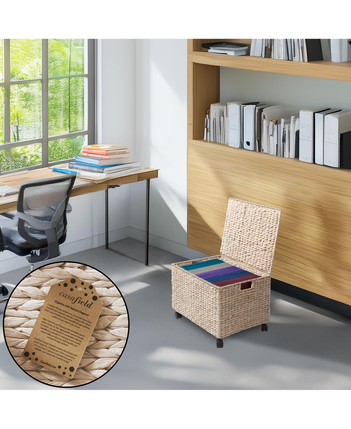 Casafield Rolling Filing Cabinet, Water Hyacinth Hanging File Folder Organizer, Home Office Storage