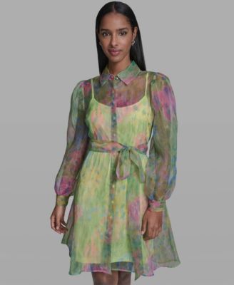 Women's Printed Puff-Sleeve Collared Dress