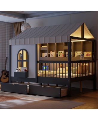 Full Size House Bed with 2 Large Drawers, Side Bookshelf with LED Strip