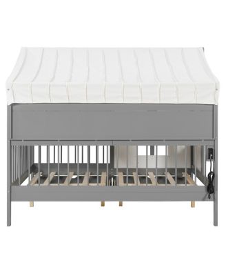 Full Size House Bed with 2 Large Drawers, Side Bookshelf with LED Strip