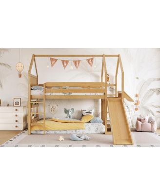 Twin Loft Bed with Bookshelf, Slide, and Playful House Design for Kids