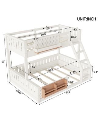 Twin XL over Queen Bunk Bed with Ladder, Guardrails, Pegboard & Bookshelf