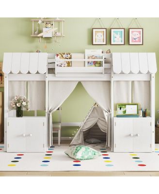 Twin Loft Bed with Bookshelf, Curtain, Storage, Playful Design
