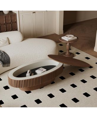 47" Oval Storage Coffee Table, Solid Wood Veneer, Walnut