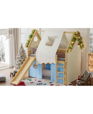 Full Size House Loft Bed with Sills, Tents, Lights, Slide