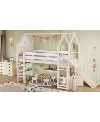 Twin Size Loft Bed with Bookshelf and Slide - Kids House-Shaped Design