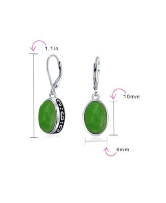 3.2CT Bezel Simulated Jade Green Quartz Oval Dangle Earrings .925 Sterling Silver Set Lever-back