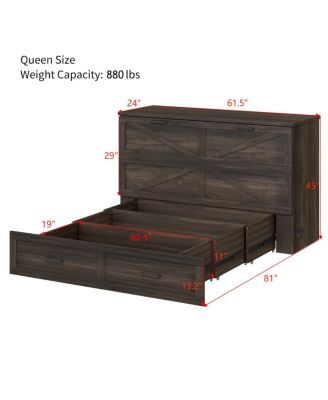 Queen Farmhouse Murphy Cabinet Bed with Charging Station & Storage Drawer