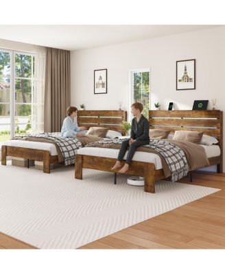 Queen Bed Frame with Storage, LED, Charging Station