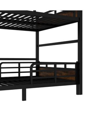  Queen over Queen Metal Bunk/Loft Bed with Security Fence, Vintage Wood-Colored