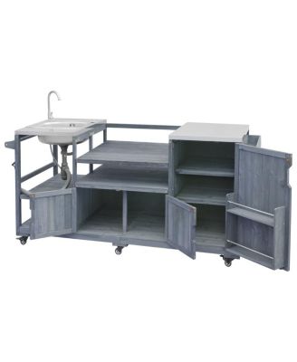 Outdoor Kitchen Island with Sink, Solid Wood Grill Cart for XL Green Egg, Rolling Bar Cart, Brown