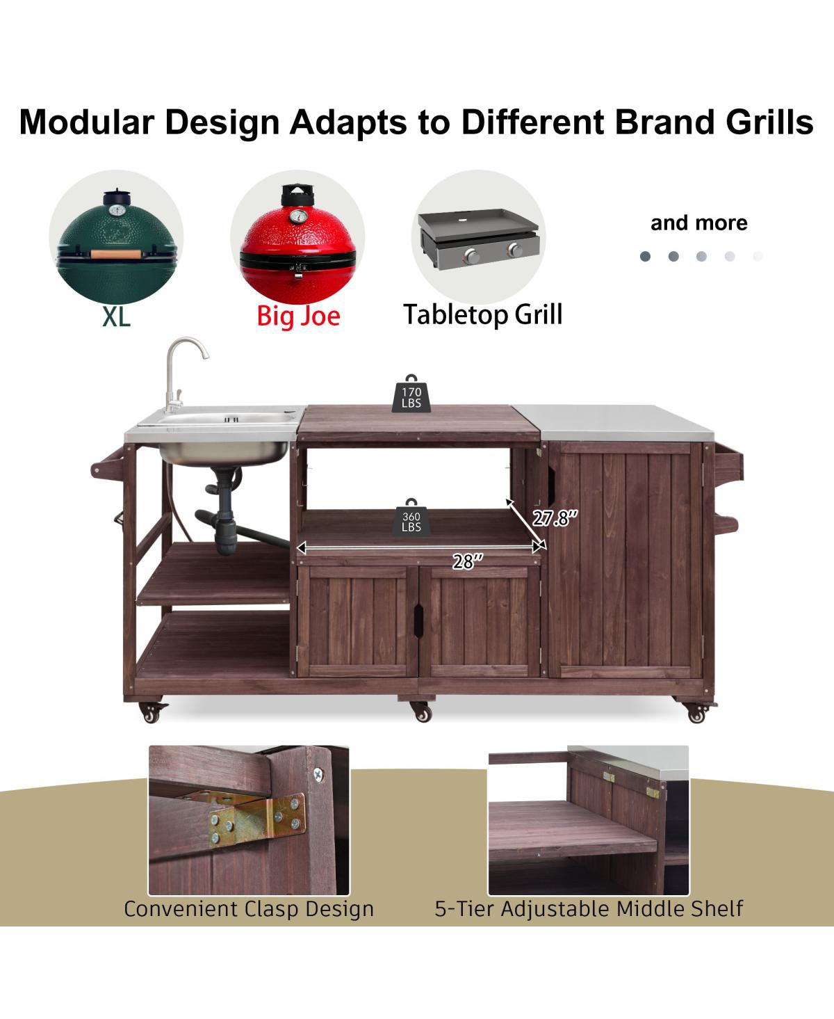 Streamdale Furniture Outdoor Kitchen Island with Sink, Solid Wood Grill Cart for Xl Green Egg, Rolling Bar Cart, Brown