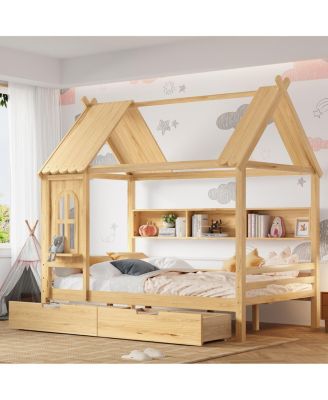 Full House Beds with Storage Drawers and Window, Solid Wood Platform Bed Frame