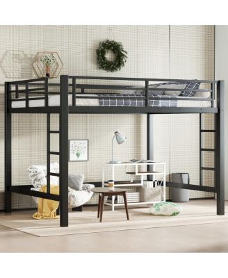 Queen Size Metal Loft Bed with Ladder and Guardrails