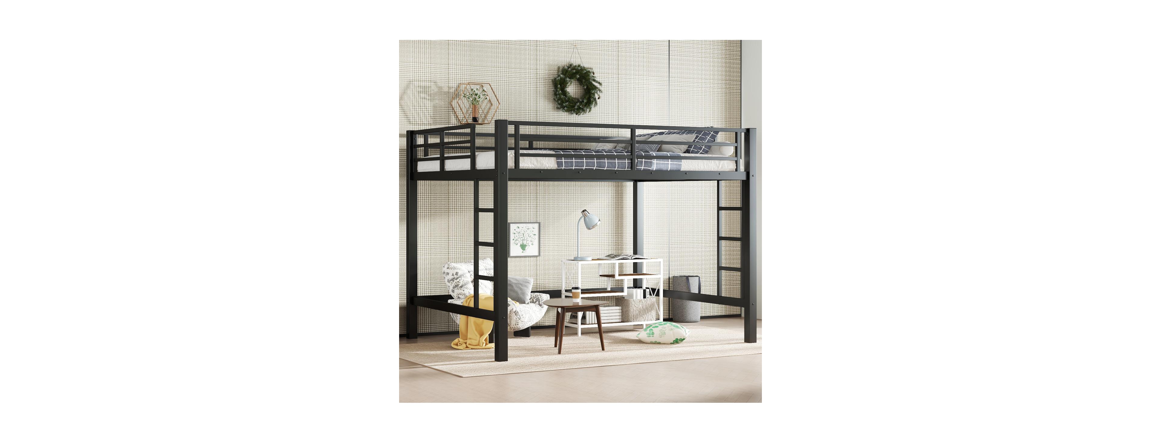 Streamdale Furniture Queen Size Metal Loft Bed with Ladder and Guardrails