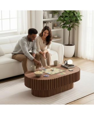 Oval Mid Century Modern Fluted Wood Coffee Table, 43.1" Walnut