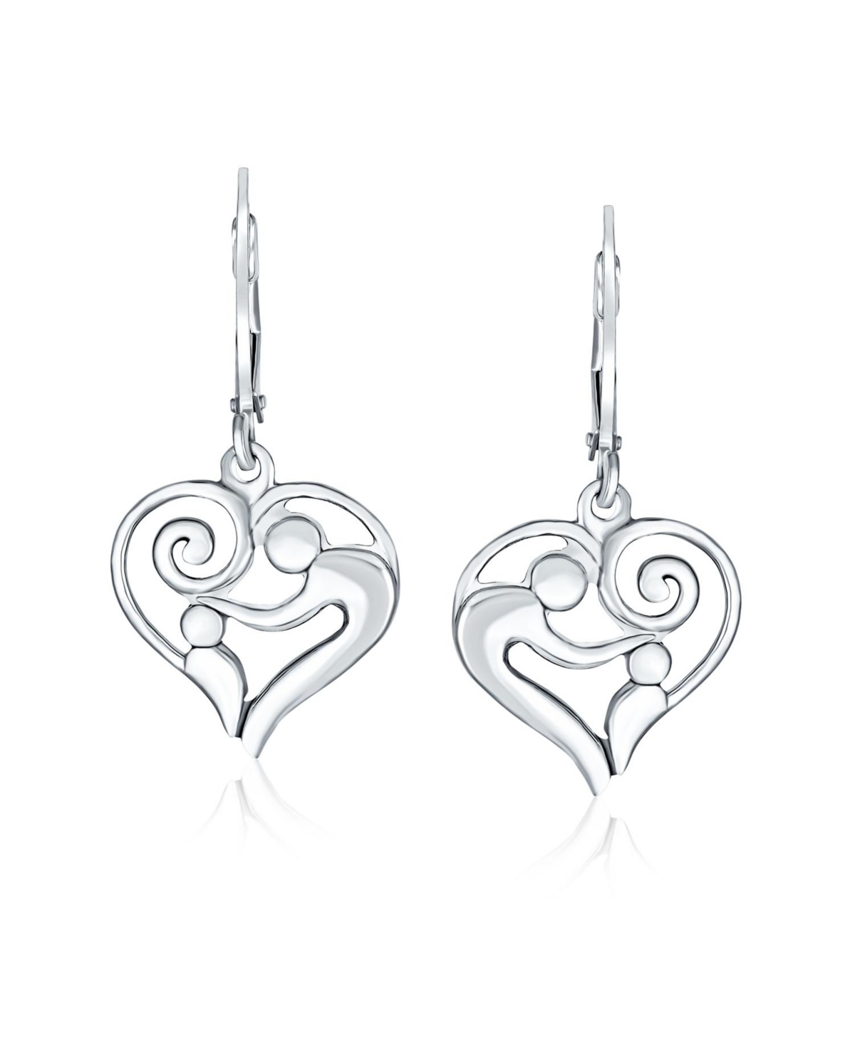 Bling Jewelry Heart Shaped Loving Mother Child Dangle Earrings .925 Sterling Silver Leverback