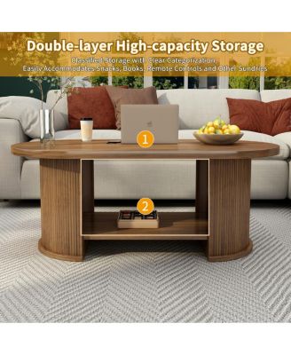 Oval Fluted Coffee Table, 47" Farmhouse Wood, Mid-Century 2-Tier with Storage