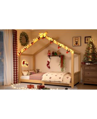 Twin House Floor Bed with Slats, Solid Wood House Bed Frame for Kids