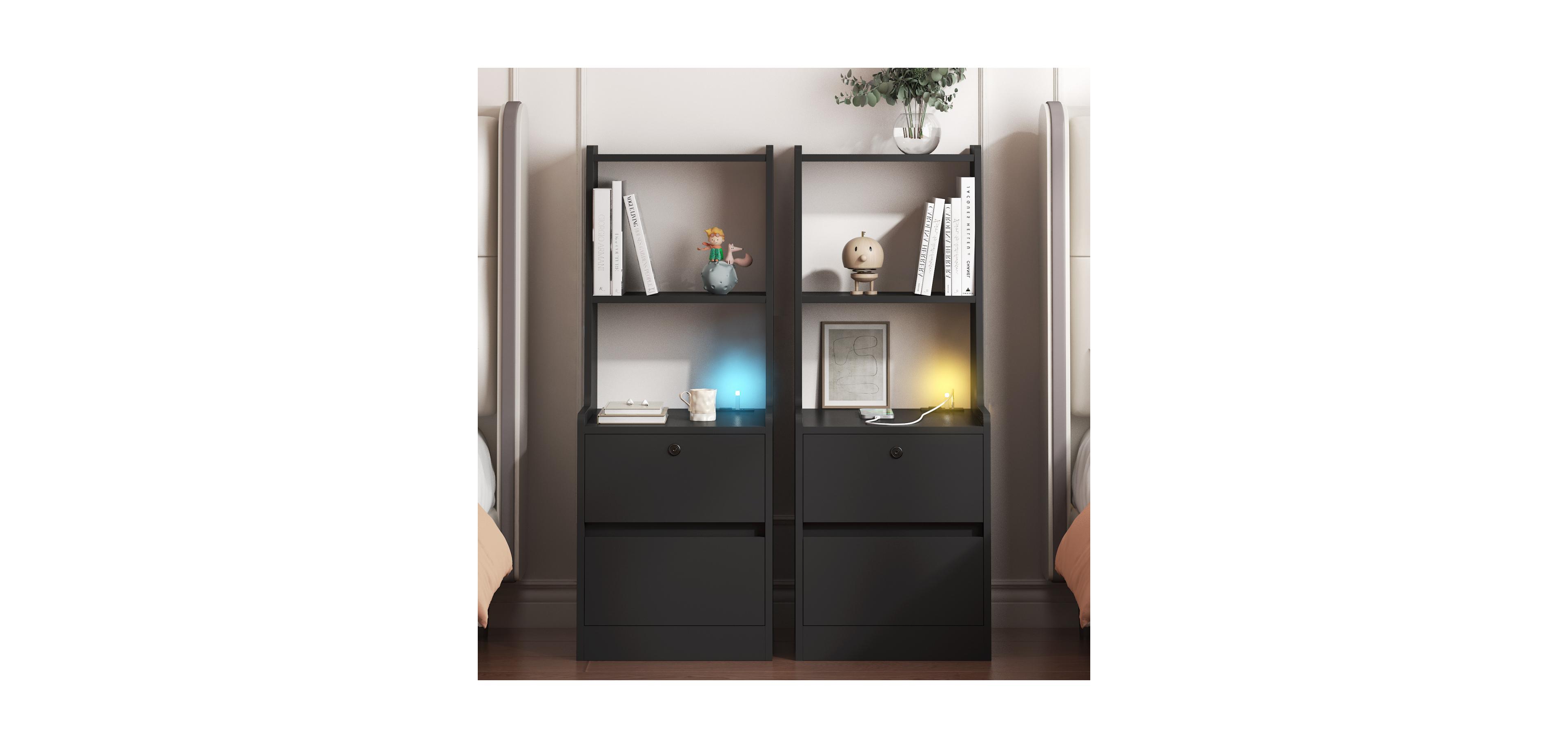 Streamdale Furniture Nightstands Set of 2, Charging, Night Light, Bookshelf, Storage