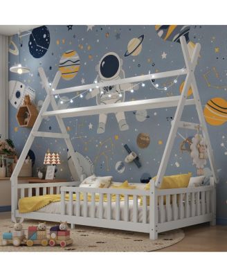 Twin House Bed with Light, Low Floor House Bed with Fence and Roof