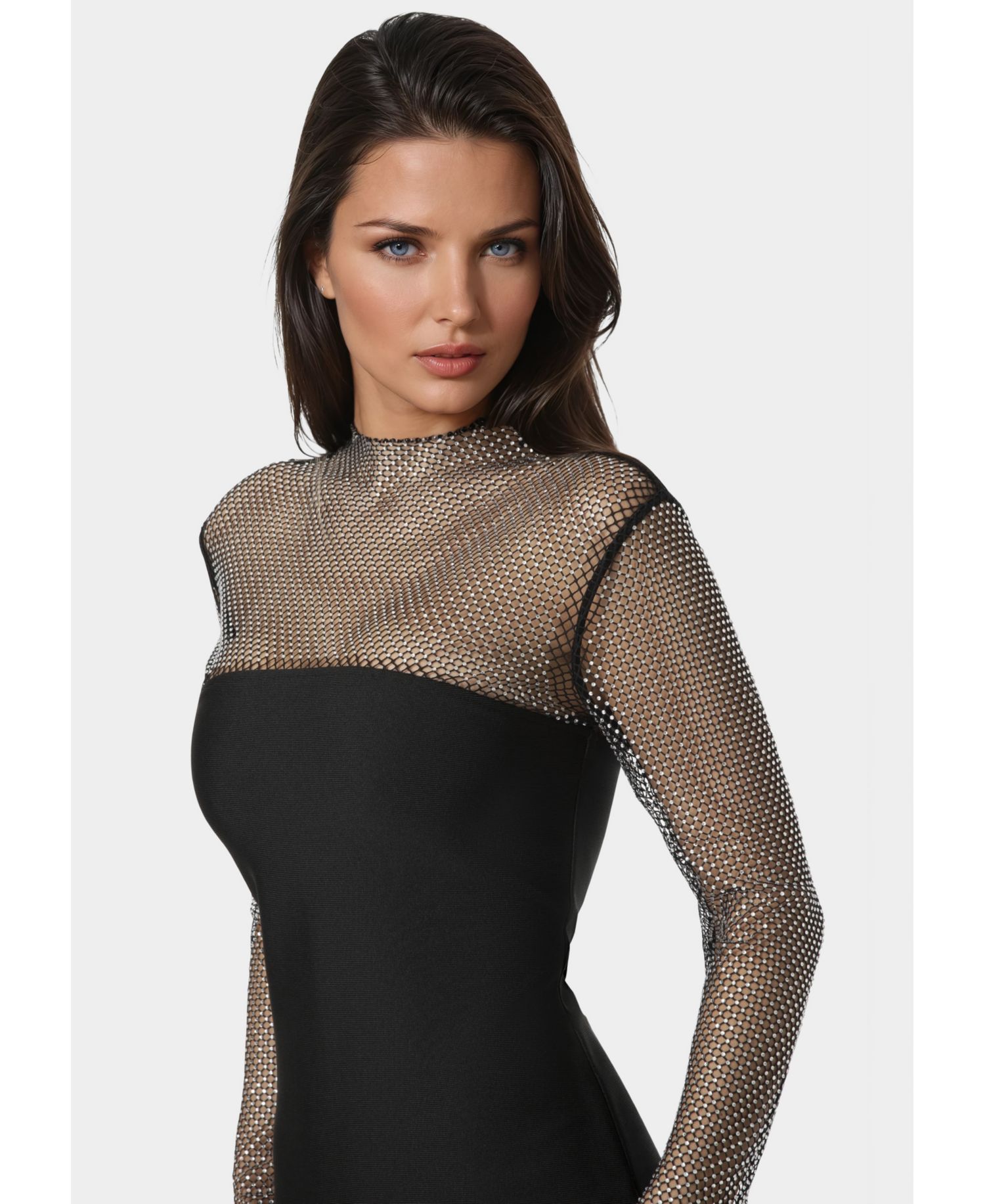 Women's Long Sleeve Midi Dress With Crystal Mesh Combo