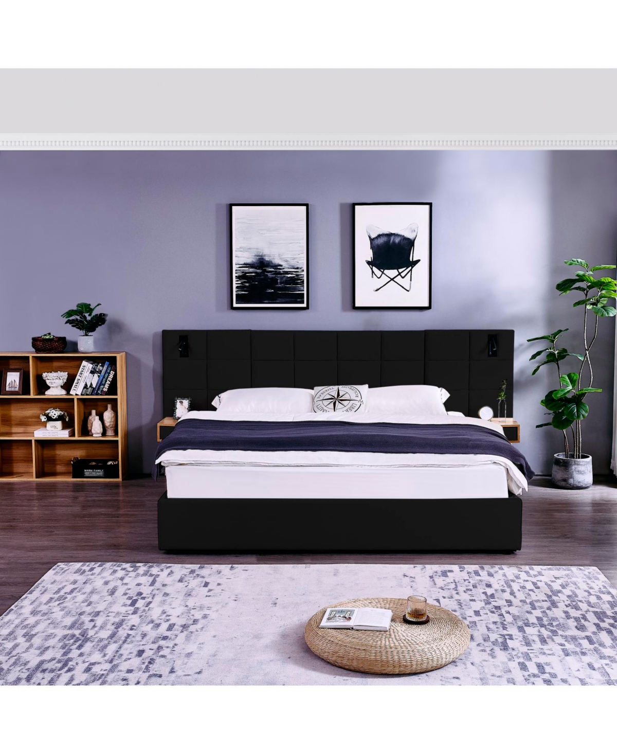 Streamdale Furniture King Velvet Storage Bed with Shelves, Lamps & Usb