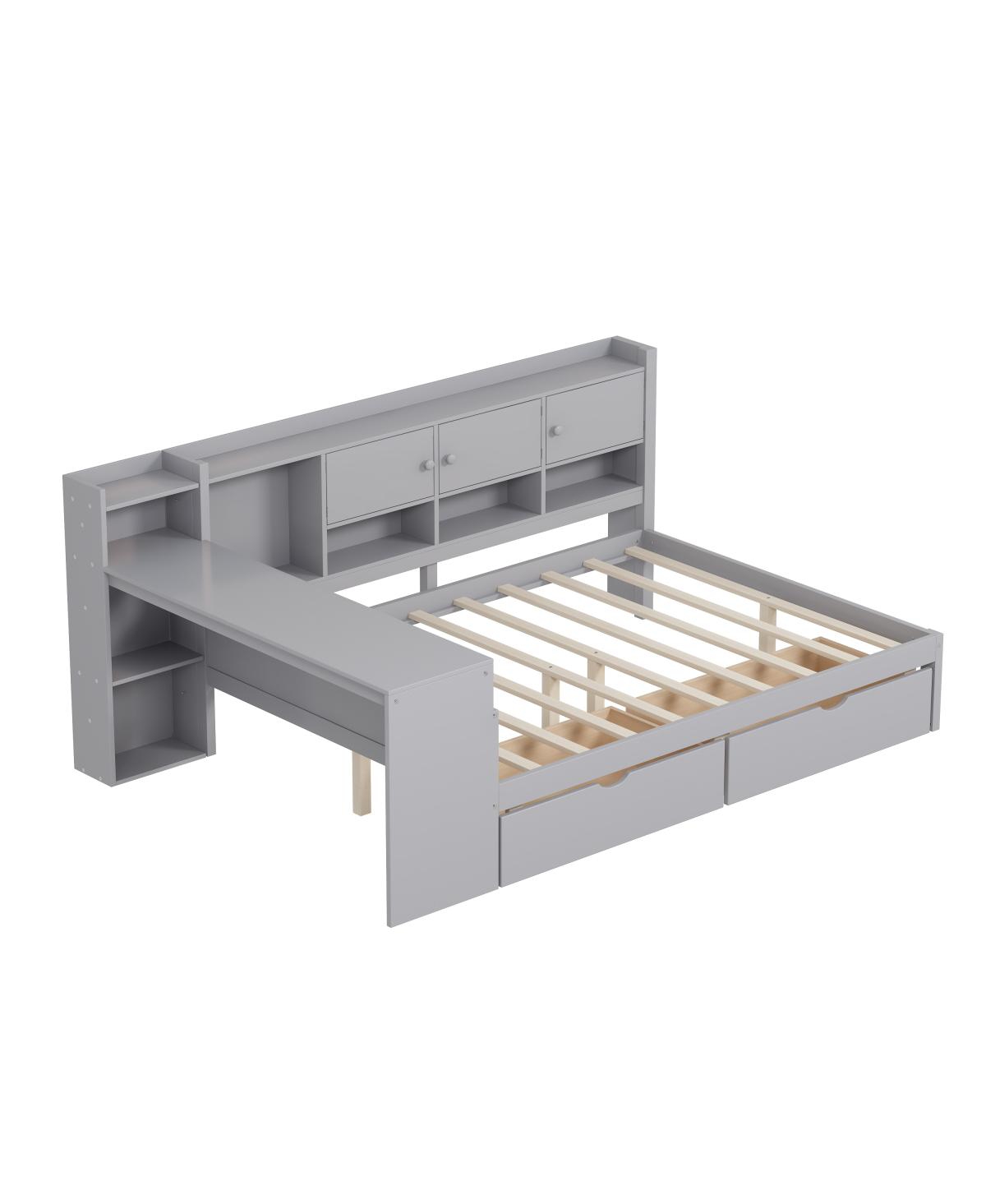 Streamdale Furniture Full Size Daybed with Storage, Wooden L-Shape Bed Frame w/ Desk & Bookshelf