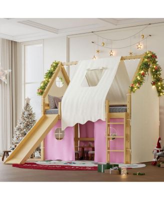 Full Size House Loft Bed with Sills, Tents, Lights, Slide