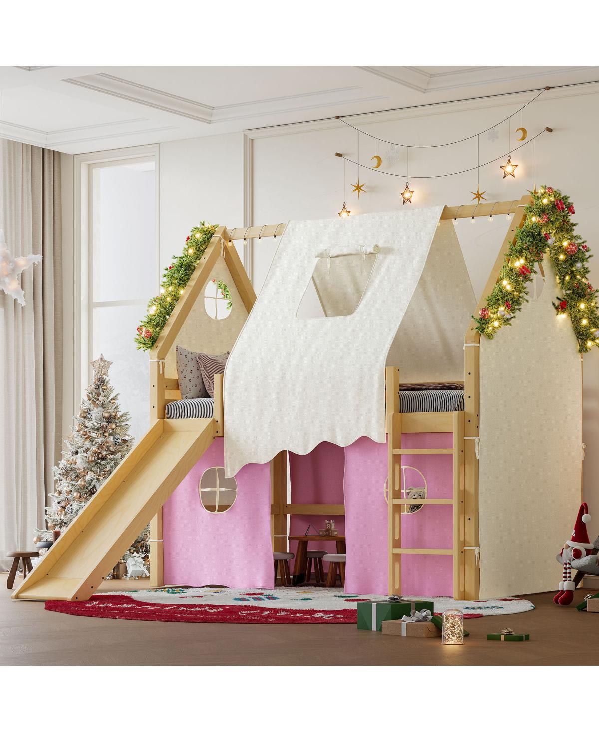 Streamdale Furniture Full Size House Loft Bed with Sills, Tents, Lights, Slide