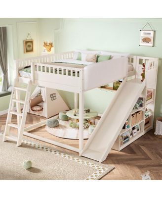 Queen Size Loft Bed with Storage, Ladder, and Slide