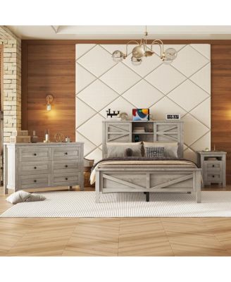3-Piece Farmhouse Full Bed Set w/ Sliding Door Headboard, Nightstand & Dresser