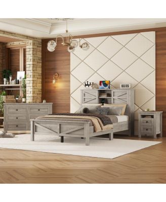 3-Piece Farmhouse Full Bed Set w/ Sliding Door Headboard, Nightstand & Dresser